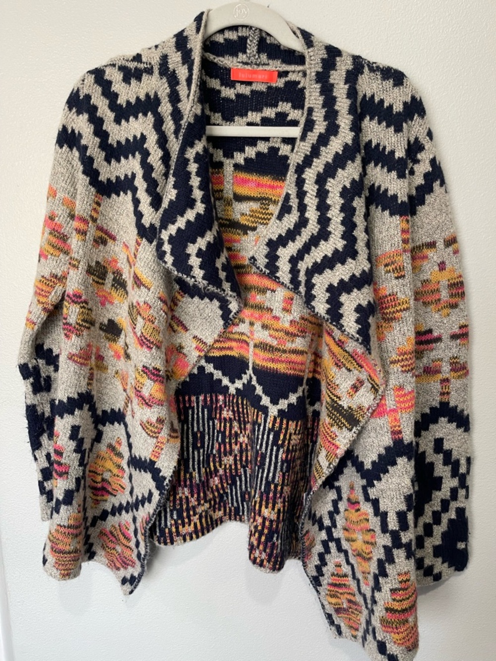 Lulumari Navy, Cream & Multicolor Aztec Draped Open-Front Cardigan